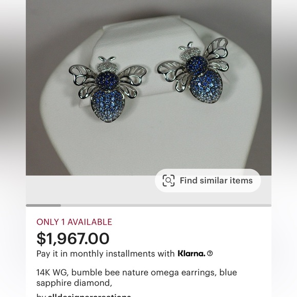 14k White Gold Bumble Bee Omega Earrings Blue Sapphire, Diamonds - Picture 6 of 6